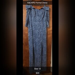 Xscape Off-Shoulder Blue Lace Gown